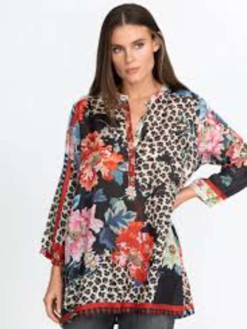 Johnny Was Black Floral & Leopard Mixed-Print Tunic with Red Trim